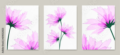 Botanical art background with pink and purple flowers in xray transparent style. Hand drawn vector floral set for decoration design, wallpaper, print, poster, interior design, packaging