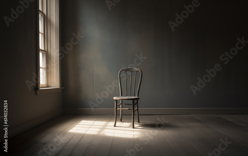 Generative AI Vintage old wooden chair in grungy interior. Loneliness, estrangement, alienation concept. Toned image