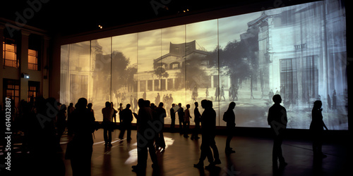 Generative AI Cinema. White cinema screen with silhouettes of spectators in the hall.
