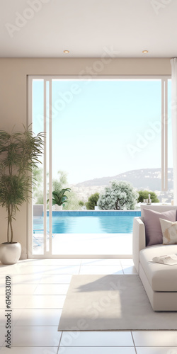 Generative AI moderm style empty white wall living room decorate with brown lounge chair 3d render There are empty white wall with large open folding doors  The curtains swayed with the wind blowing i