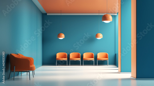 Generative AI Front view of a row of modern, simple white chairs against blue wall in a minimal style waiting room interior