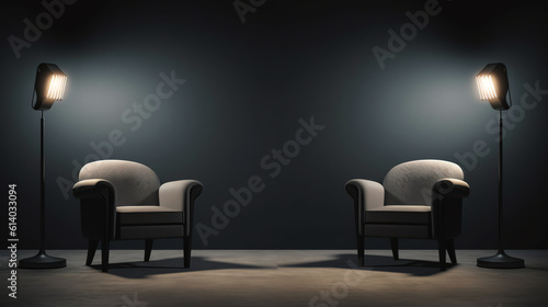 Generative AI Two cozy grey armchairs standing on white carpet in empty room
