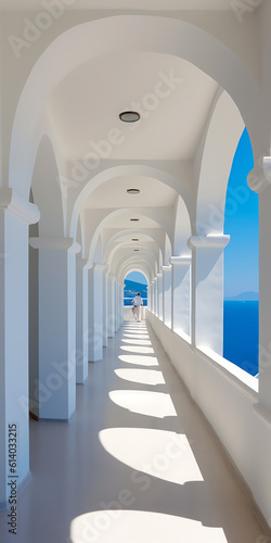 Generative AI Traditional Greek white chapel on seaside of resort Faliraki in Rhodes island, Greece