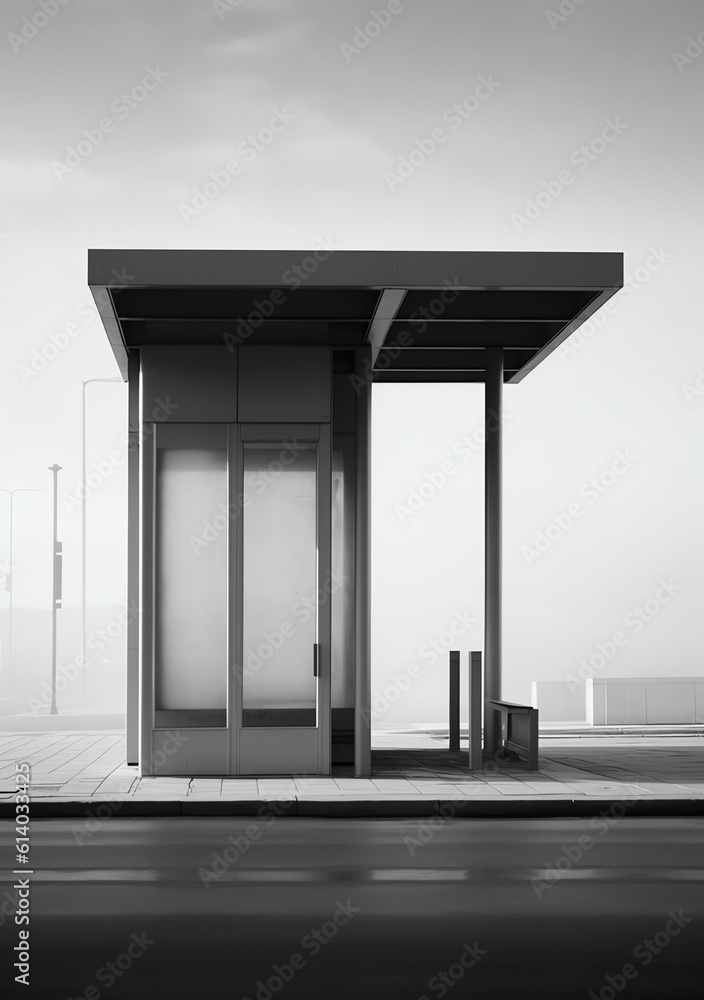 Generative AI Black and white view of empty bus stop seats Generative AI Black and white view of empty bus stop seats