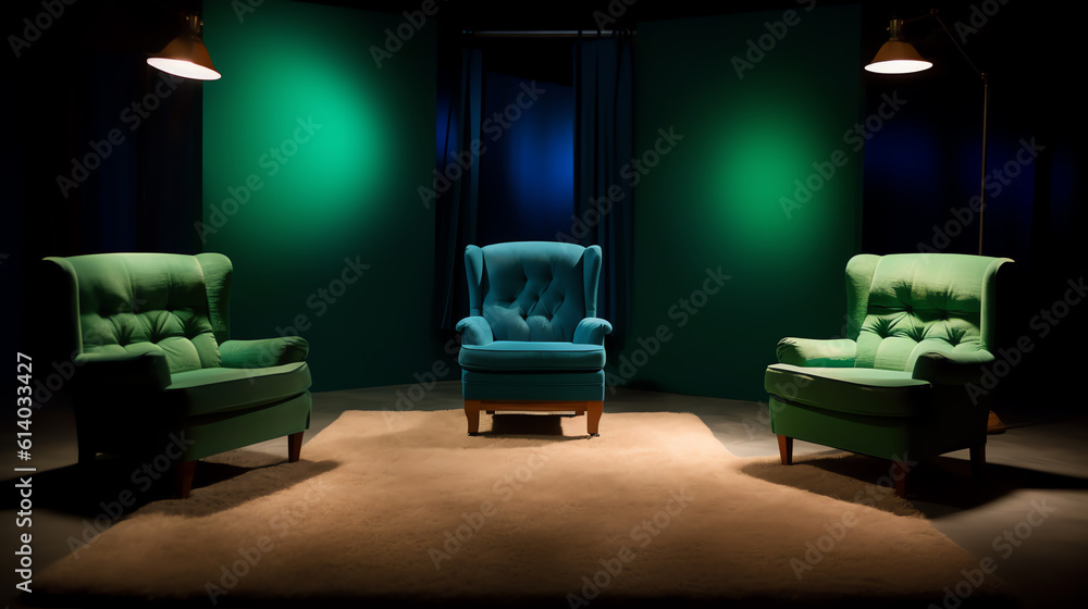 Fototapeta premium Generative AI Four empty chairs in a studio with green screen