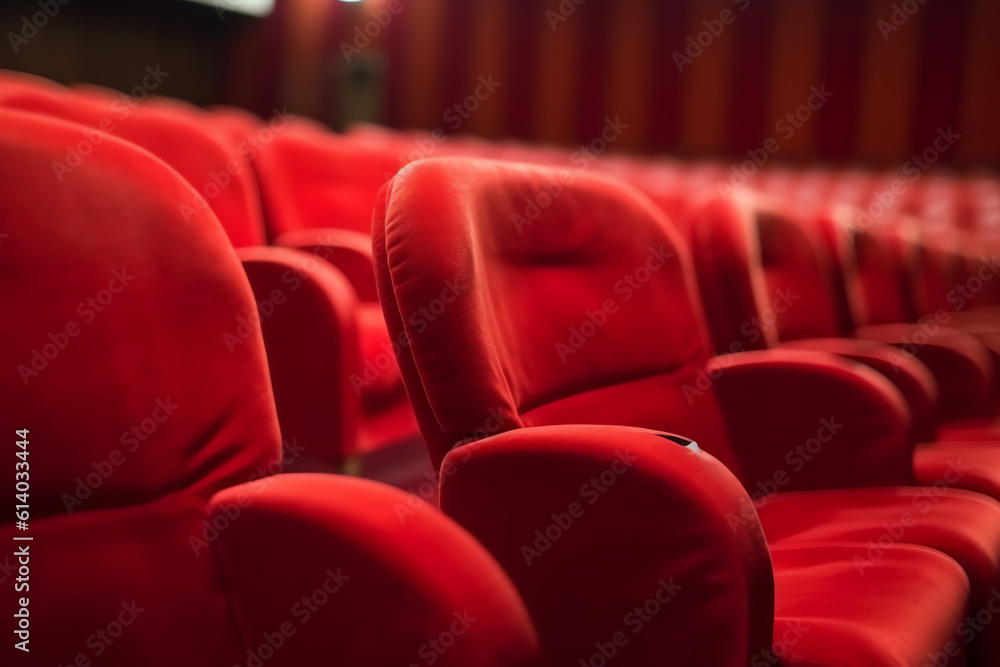 Obraz premium Generative AI Classic rows of empty reddish seats in theatre. Hall without visitors. Shallow depth of field
