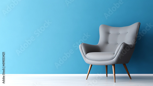Generative AI Mockup living room interior with armchair on empty blue color wall background.3D rendering