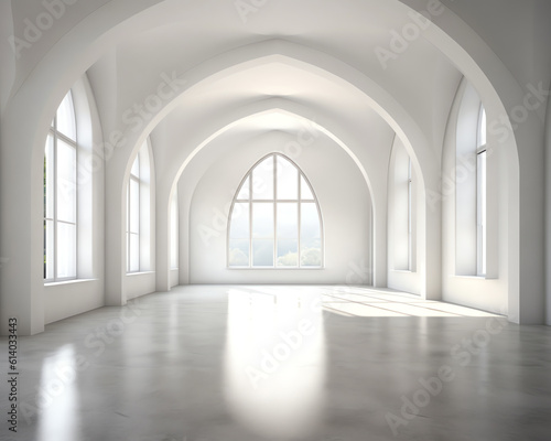 Generative AI View of empty white room with arch design and concrete floor Museum space  Chapel entrance  Perspective of minimal architecture. 3D render.