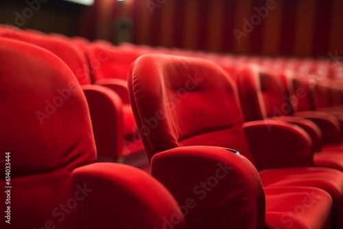 Generative AI Classic rows of empty reddish seats in theatre. Hall without visitors. Shallow depth of field