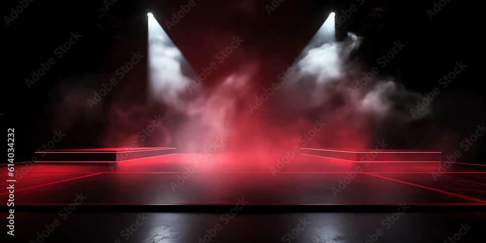 Generative AI 3d render cinema stage (sound system, spectacular lighting, upholstered in red fabric) - obrazy, fototapety, plakaty 