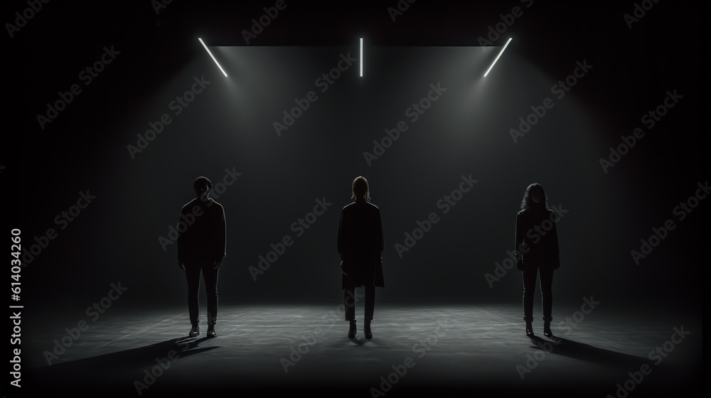 Generative AI Middle shot of sihouettes of people from back watching cinema or performance with white empty space Generative AI Middle shot of sihouettes of people from back watching cinema or performance with white empty space