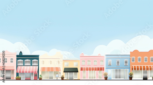 Generative AI Urban street landscape with empty road and electric poles, buildings with hotel or small shop, cafe and restaurant cartoon vector background, town poster with city skyline, perspective v
