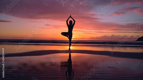 Young woman on beach achieves serene balance practicing yoga at sunrise, visualized by Generative AI.