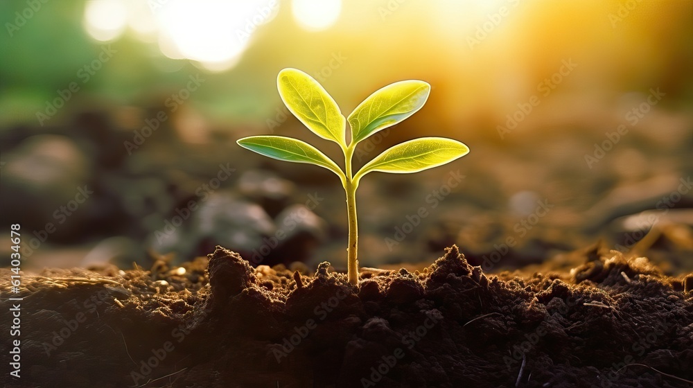 A young, verdant sprout emerging from nutrient-rich soil with a bright sun illuminating the background. Generative AI A young, verdant sprout emerging from nutrient-rich soil with a bright sun illuminating the background. Generative AI
