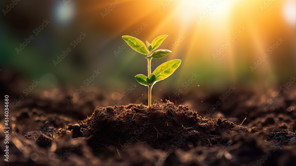 A young, verdant sprout emerging from nutrient-rich soil with a bright sun illuminating the background. Generative AI A young, verdant sprout emerging from nutrient-rich soil with a bright sun illuminating the background. Generative AI