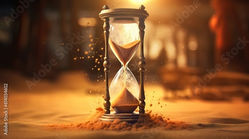 An ancient hourglass with golden sand slowly trickling down. Generative AI © Sebastián Hernández