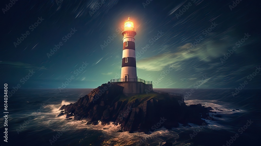 A tall, slender lighthouse emits a radiant beacon in the dark night. Generative AI