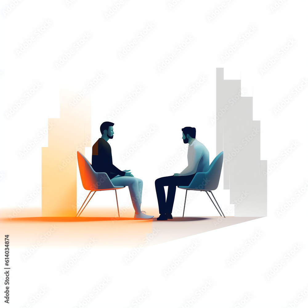 Fototapeta premium Generative AI Business concept illustration of businessmen standing with empty chair in the middle, candidate, promotion, career position concept.