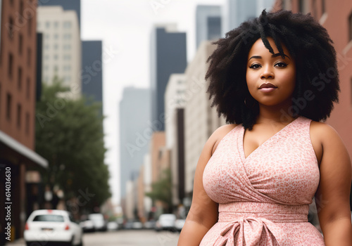 A curvy overweight African American woman poses on a city street. Generative AI