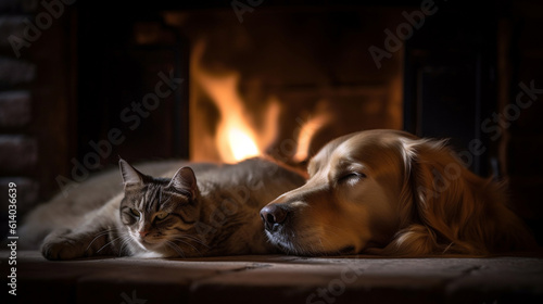 Cat and dog sleeping. Pets sleeping embracing