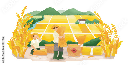 Farmers tying stalks into sheaves