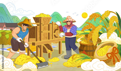 Farmers milling rice grains
