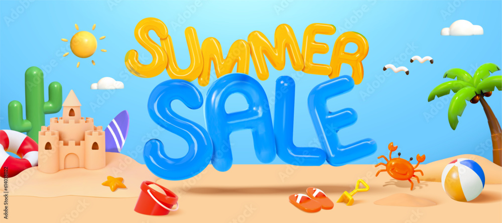 3D summer sale promotion poster