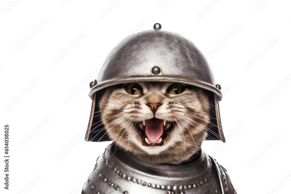 Knight cat armored on transparent background. The cat in armor is a