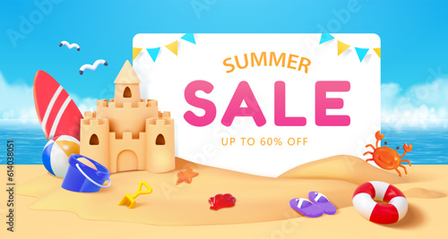 3D beach summer sale poster