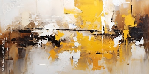 Abstract painting of yellow paint and black brush strokes in white and yellow style