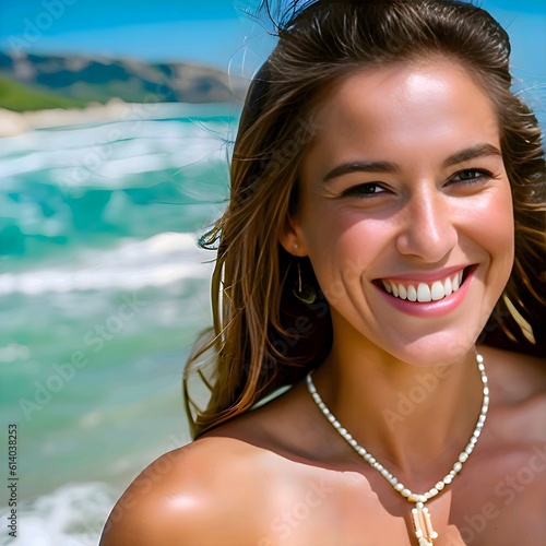 Mujer joven de vacaciones sonriendo junto al mar 