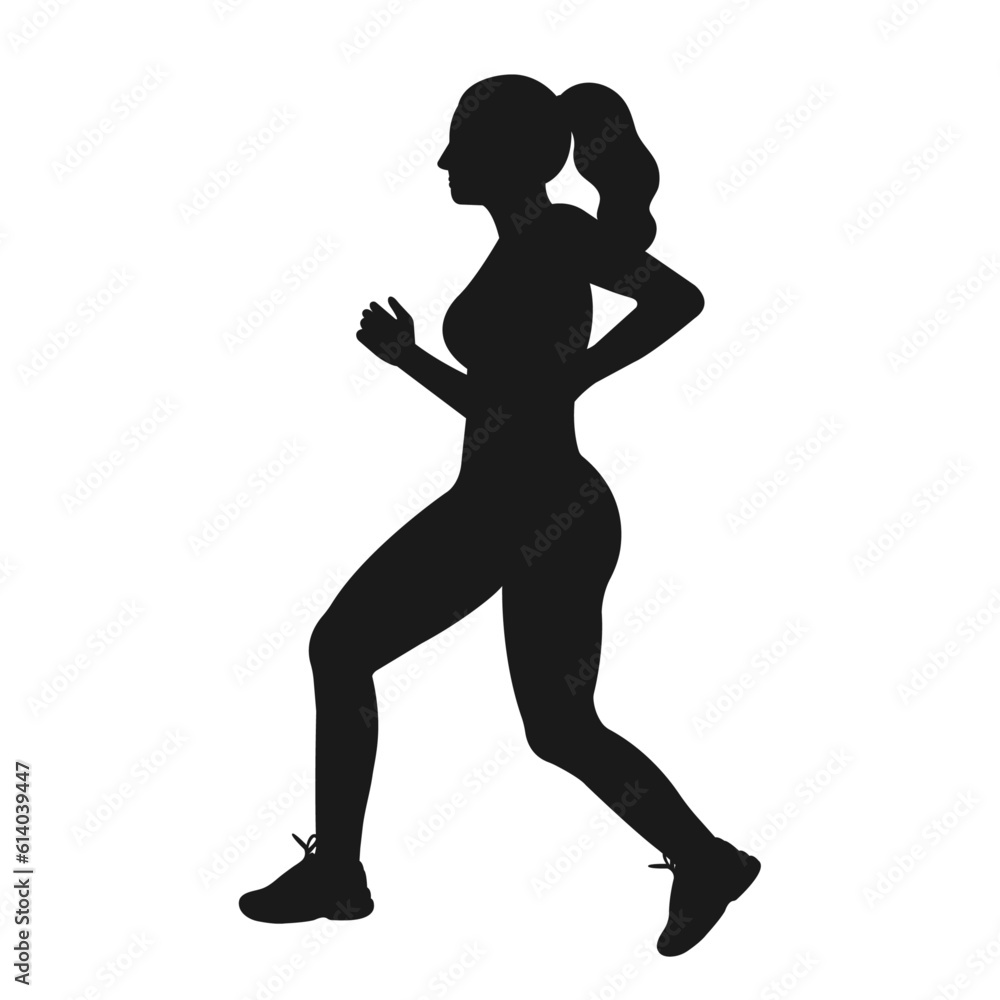 Silhouette of a running woman. A pumped up girl runner. Sports, walking, cardio. Vector isolated on white background. Silhouette of a running woman. A pumped up girl runner. Sports, walking, cardio. Vector isolated on white background.