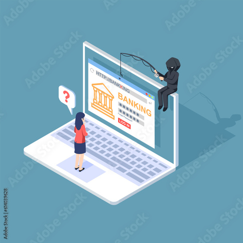 Phishing by email. hacker attacks a Laptop with a fake website. fraud scam and steal private data on devices. vector illustration isometric flat design for cyber security awareness concept.