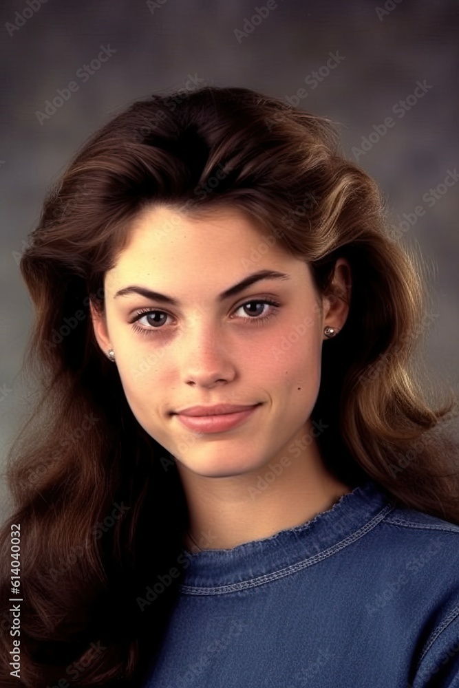 1980s and 1990s style Yearbook headshot of a pretty high school teenage girl looking at the camera 1980s and 1990s style Yearbook headshot of a pretty high school teenage girl looking at the camera