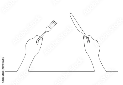  Continuous line drawing of a hand holding a fork and knife dining table concept vector illustration. Premium vector.