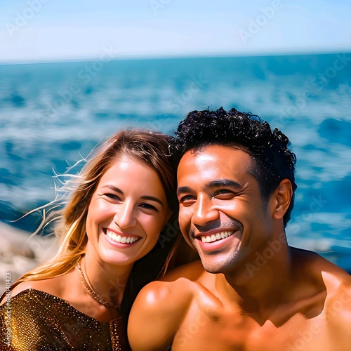 Una mujer y un hombre de vacaciones sonriendo junto al mar  © Cade Foster 