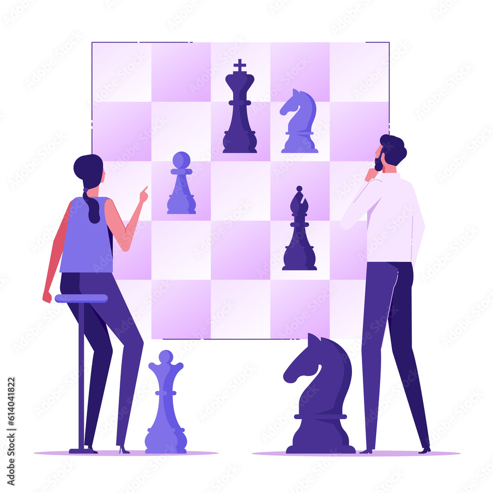 Businessman and woman playing chess on giant chessboard. Concept of strategy in business competition, project tactics