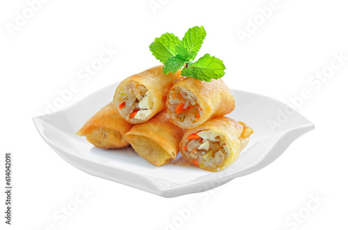 Fried Chinese Traditional Spring rolls food in ceramic plate (beautiful shape) on transparent png