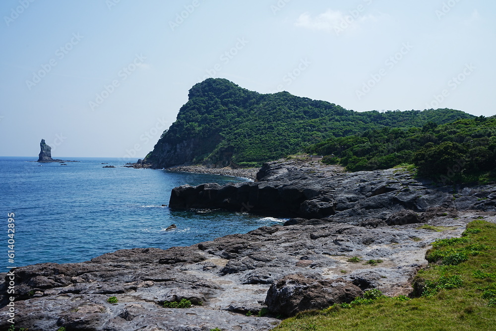 Tategami-Iwa or Standing God Rock at Hinokami Park in Kagoshima, Japan - 日本 鹿児島 火之神公園 立神岩
