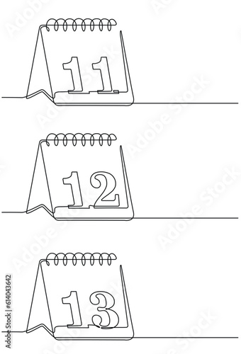 Continuous line drawing of calendar icon with dates beginning 1st to 31st. calendar icon in single line doodle style. Date. Calendar icon Dates 11,12,13, eps10 vector illustration