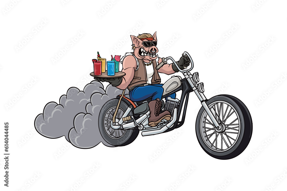 vector illustration of a pig riding a chopper motorcycle