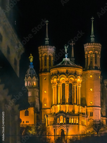 Basilica of Notre Dame Illuminated Outside From Downtown Lyon France