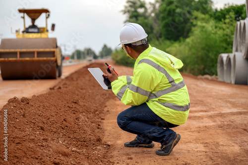 Fototapeta Asian civil engineers inspecting laterite soil for road construction improvement base road work