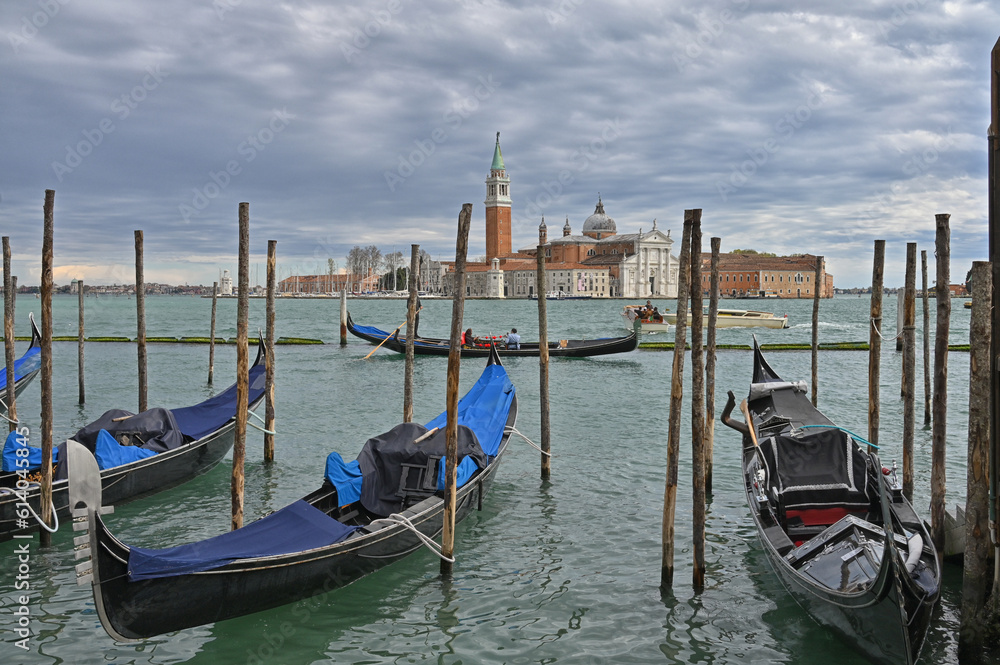 Gondolas on a rainy Venice day.