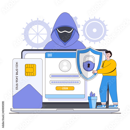 Identity theft protection vector illustration concept with characters. Identity fraud prevention, secure personal information, digital identity safety. Modern flat style for landing page, infographic