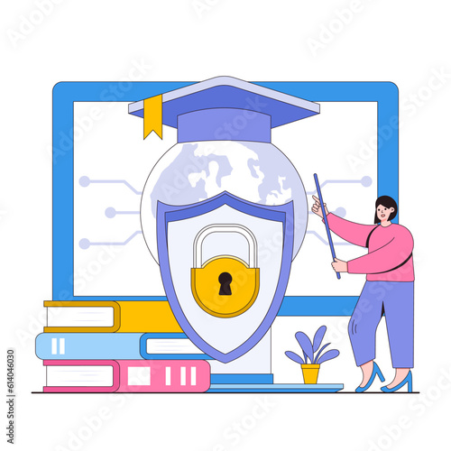 Cybersecurity education vector illustration concept with characters. Awareness training, best practices, online safety education. Modern flat style for landing page, web banner, infographics