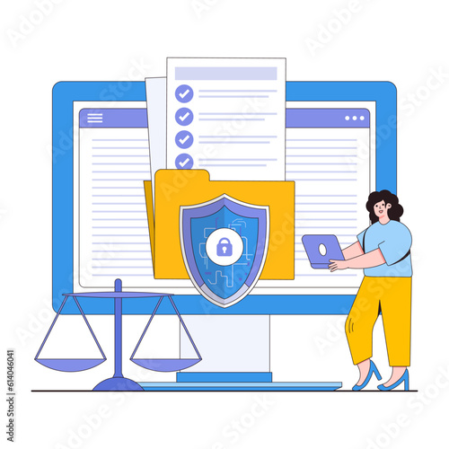Data privacy regulations vector illustration concept with characters. Compliance standards, privacy laws, data protection guidelines. Modern flat style for landing page, web banner, infographics