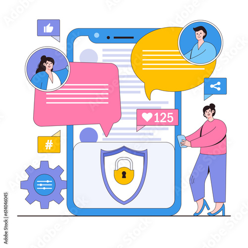 Safe social media usage vector illustration concept with characters. Privacy settings, secure sharing, social media safety. Modern flat style for landing page, web banner, infographics, hero images
