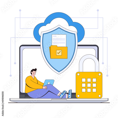Secure file sharing vector illustration concept with characters. Encrypted file transfer, secure cloud sharing, data collaboration. Modern flat style for landing page, web banner, infographics