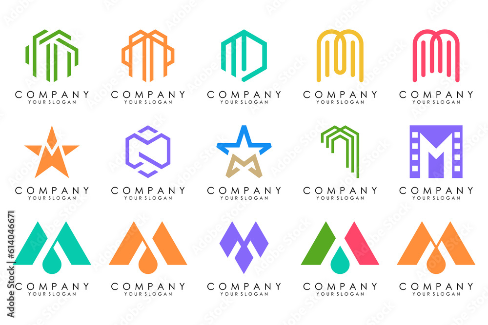 Set of letter M logo design vector. Collection of modern M letter design in colorful.